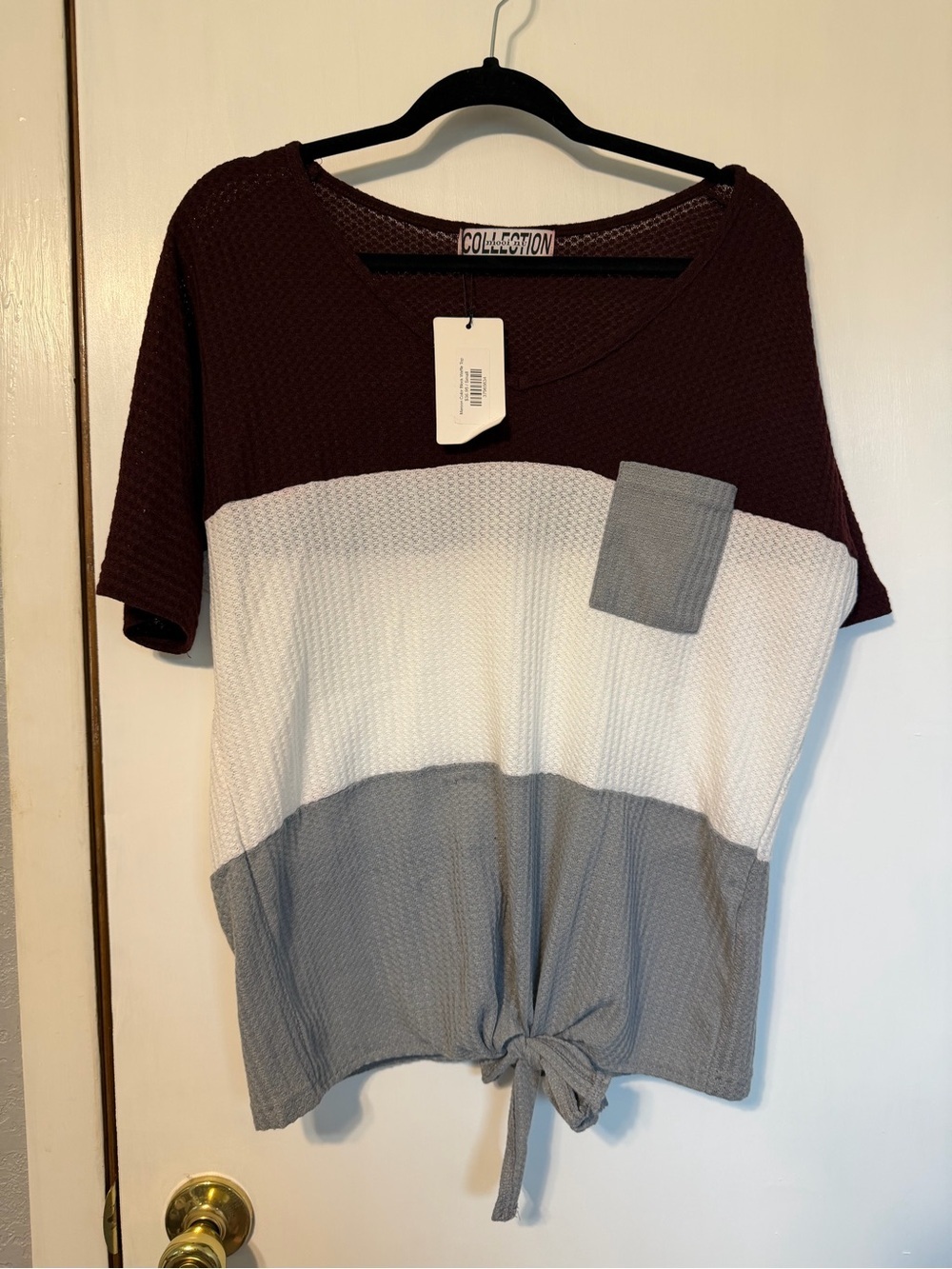 Collection B Burgundy, White & Gray Colorblock Tie-Front Short Sleeve Top